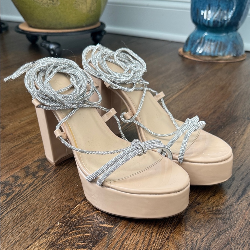 Fashion Nova Nude and Silver Strappy Heels